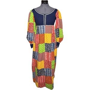 Vtg 70s Patchwork Prairie Maxi Dress Boho Hippie Mushroom Floral XS B30